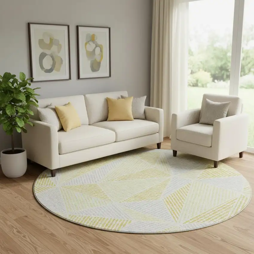 8' Gold And Gray Geometric Washable Round Rug With UV Protection Photo 1