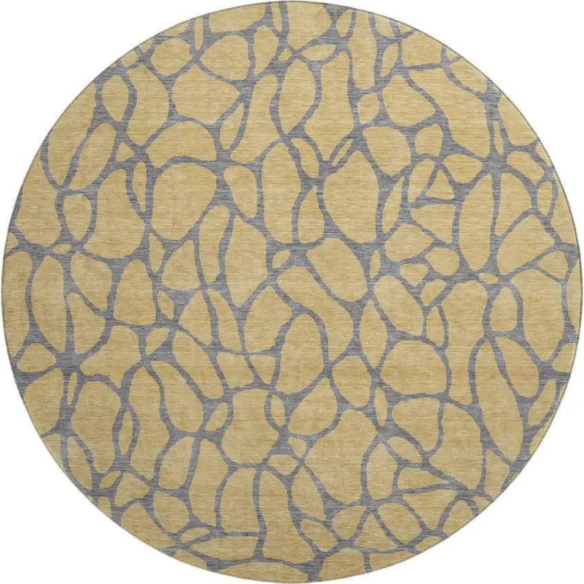 8' Gold And Gray Geometric Washable Round Rug With UV Protection Photo 1