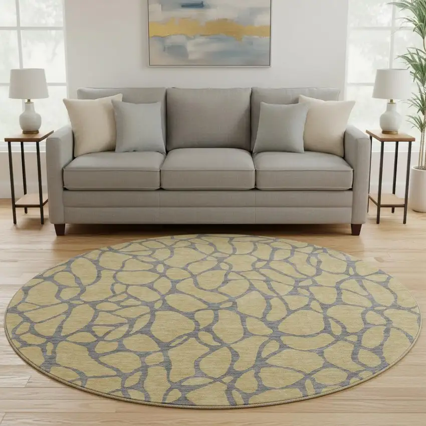 8' Gold And Gray Geometric Washable Round Rug With UV Protection Photo 2
