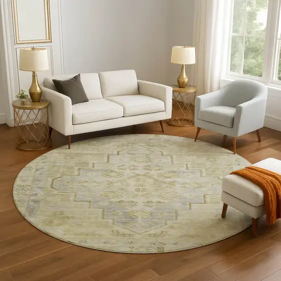8' Gold And Gray Medallion Washable Round Rug With UV Protection Photo 5