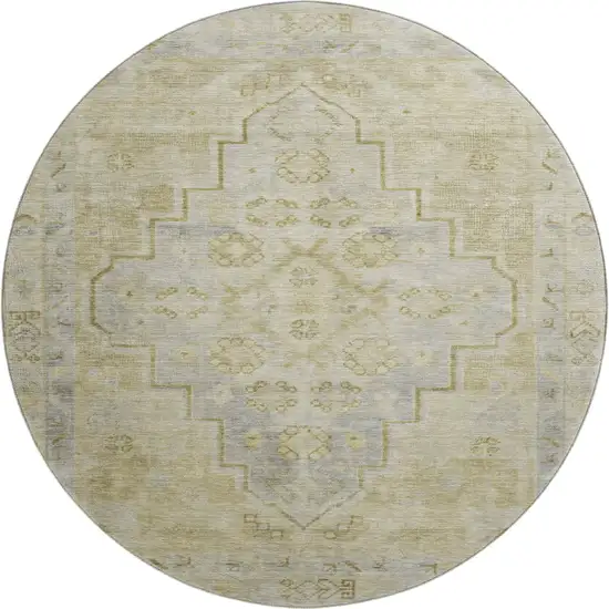 8' Gold And Gray Medallion Washable Round Rug With UV Protection Photo 1