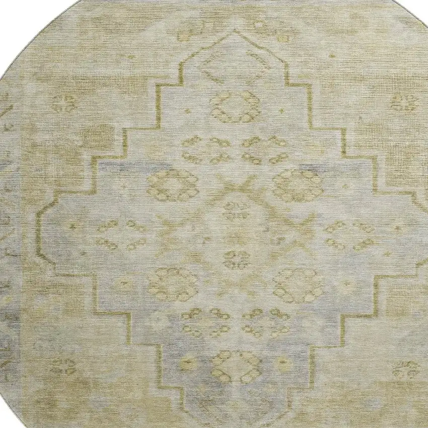 8' Gold And Gray Medallion Washable Round Rug With UV Protection Photo 3