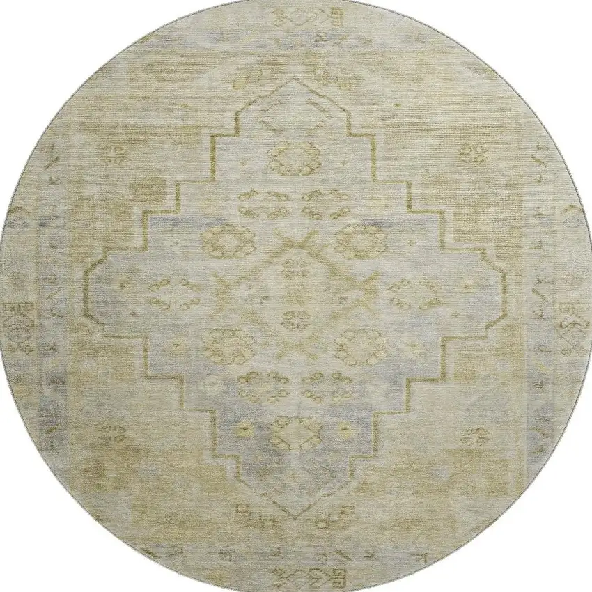 8' Gold And Gray Medallion Washable Round Rug With UV Protection Photo 4