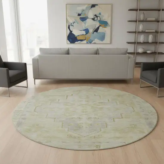 8' Gold And Gray Medallion Washable Round Rug With UV Protection Photo 2