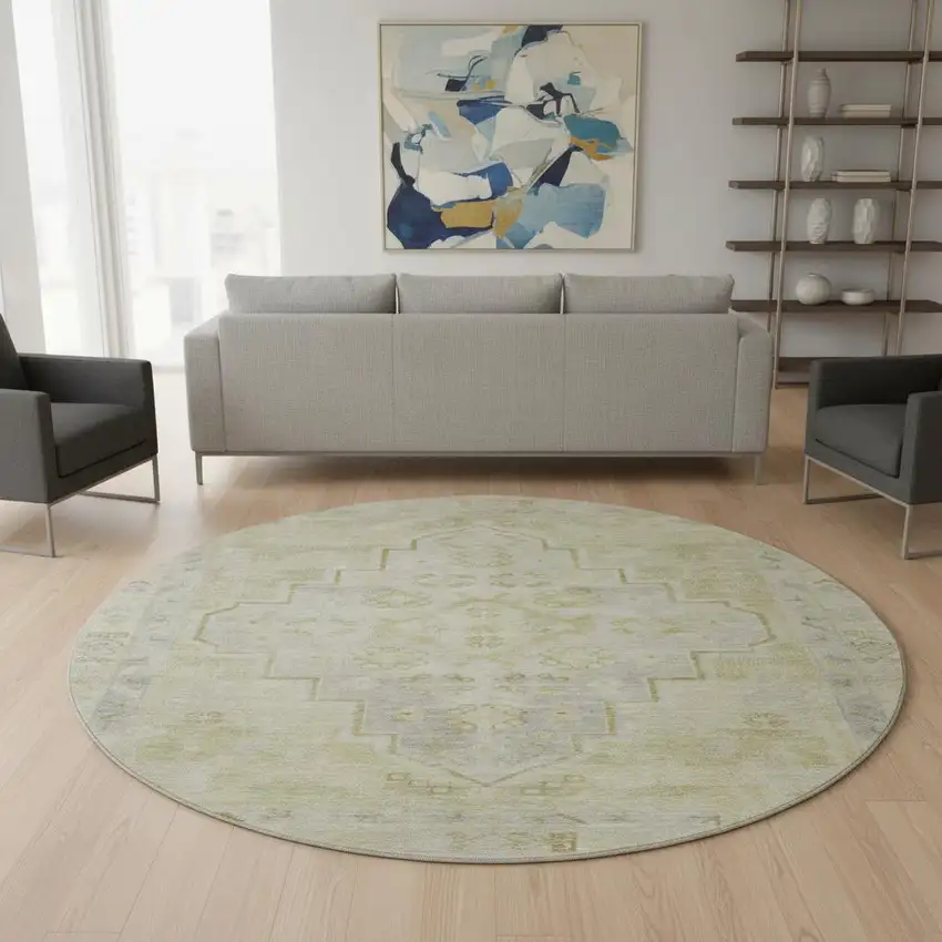 8' Gold And Gray Medallion Washable Round Rug With UV Protection Photo 2