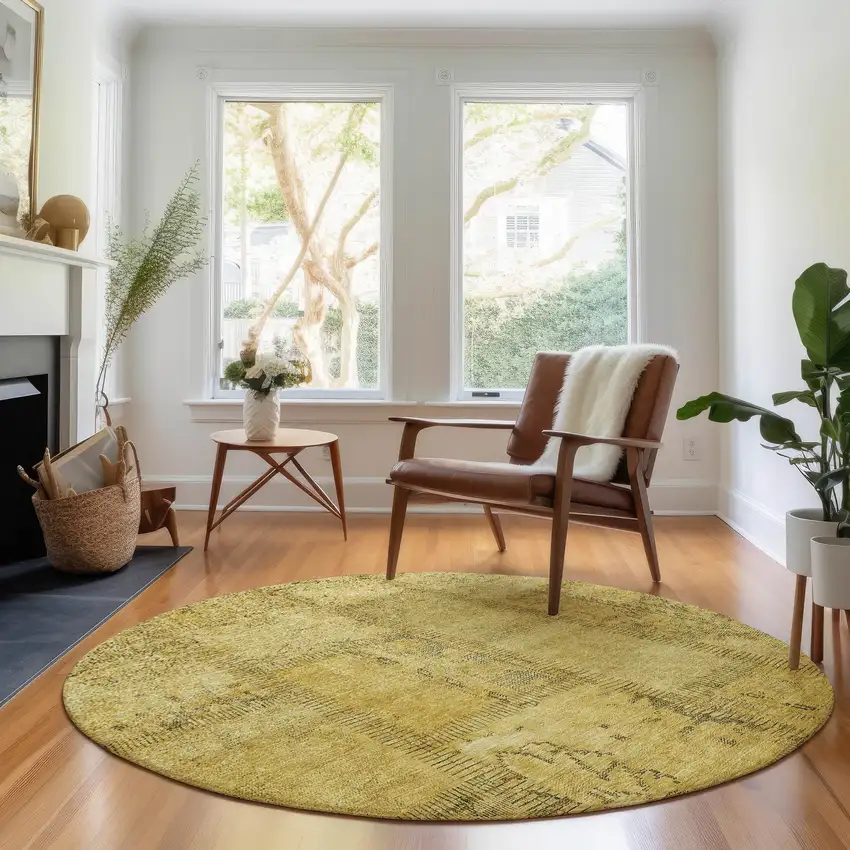 8' Gold And Gray Patchwork Washable Round Rug With UV Protection Photo 4