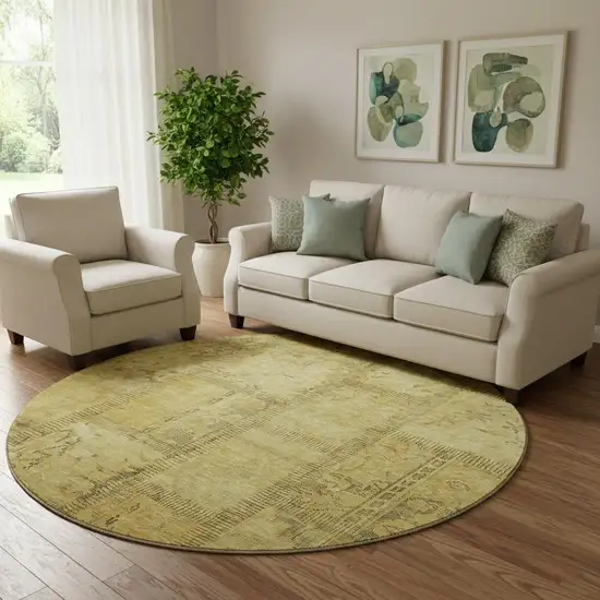 8' Gold And Gray Patchwork Washable Round Rug With UV Protection Photo 1