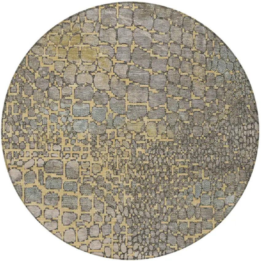 8' Gold And Gray Round Abstract Washable Indoor Outdoor Area Rug Photo 5