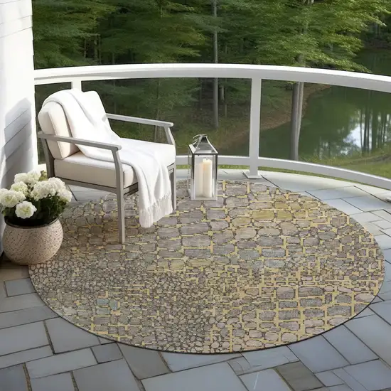 8' Gold And Gray Round Abstract Washable Indoor Outdoor Area Rug Photo 6