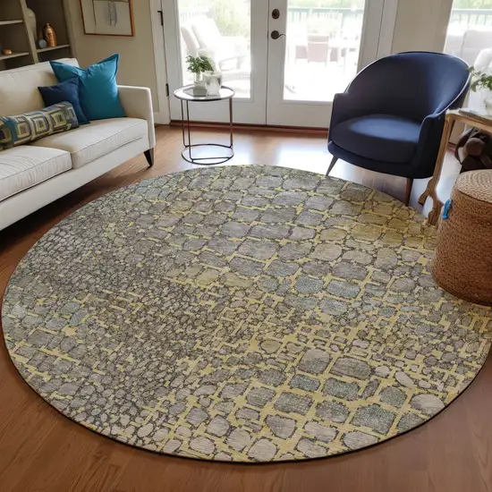 8' Gold And Gray Round Abstract Washable Indoor Outdoor Area Rug Photo 7