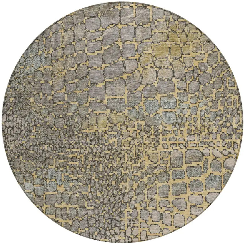 8' Gold And Gray Round Abstract Washable Indoor Outdoor Area Rug Photo 2
