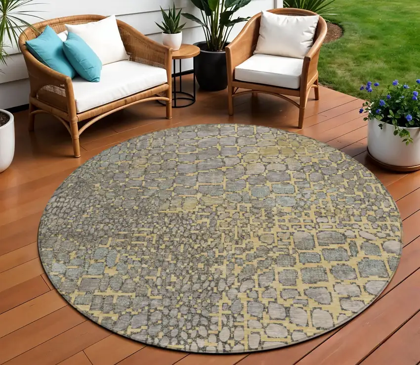 8' Gold And Gray Round Abstract Washable Indoor Outdoor Area Rug Photo 1