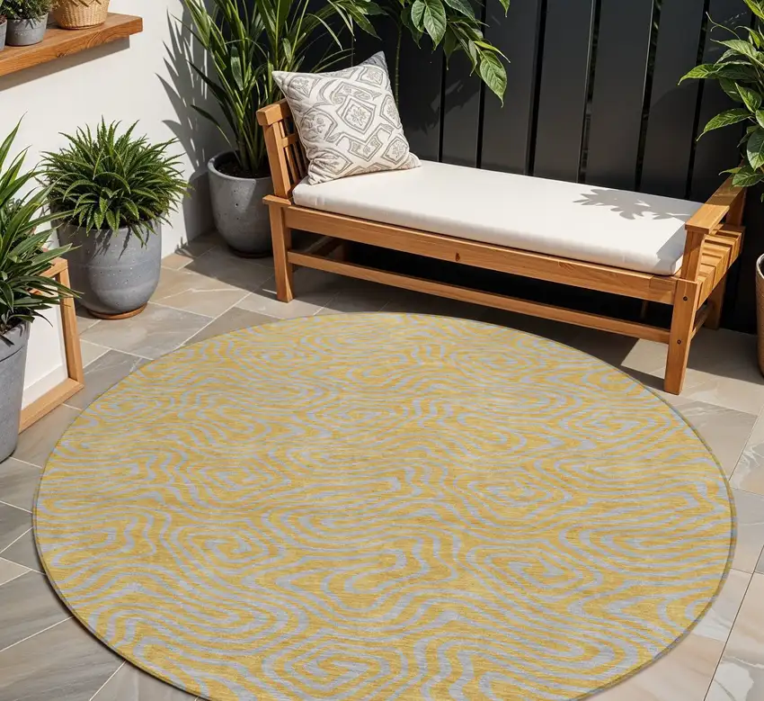 8' Gold And Gray Round Abstract Washable Indoor Outdoor Area Rug Photo 1