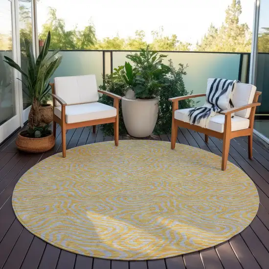 8' Gold And Gray Round Abstract Washable Indoor Outdoor Area Rug Photo 7