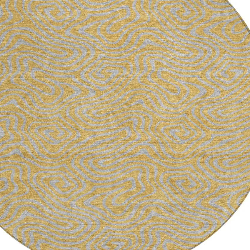 8' Gold And Gray Round Abstract Washable Indoor Outdoor Area Rug Photo 5