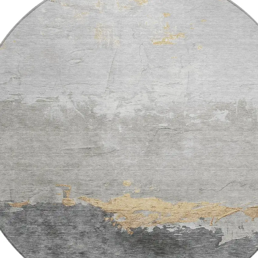 8' Gold And Gray Round Abstract Washable Indoor Outdoor Area Rug Photo 8