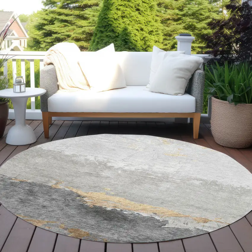 8' Gold And Gray Round Abstract Washable Indoor Outdoor Area Rug Photo 5