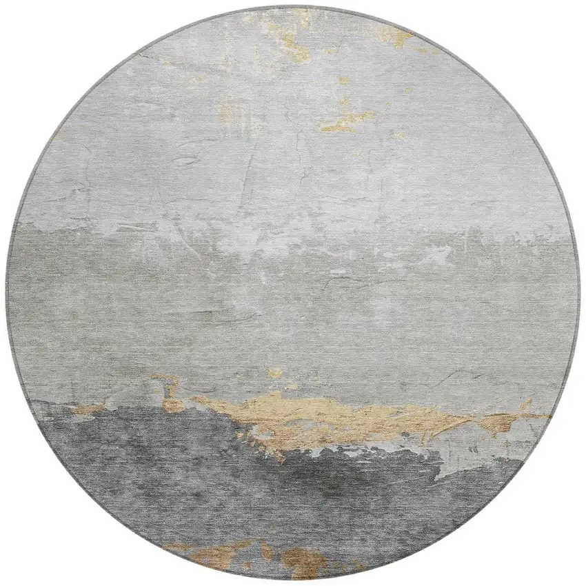 8' Gold And Gray Round Abstract Washable Indoor Outdoor Area Rug Photo 3