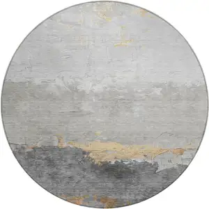 Photo of 8' Gold And Gray Round Abstract Washable Indoor Outdoor Area Rug