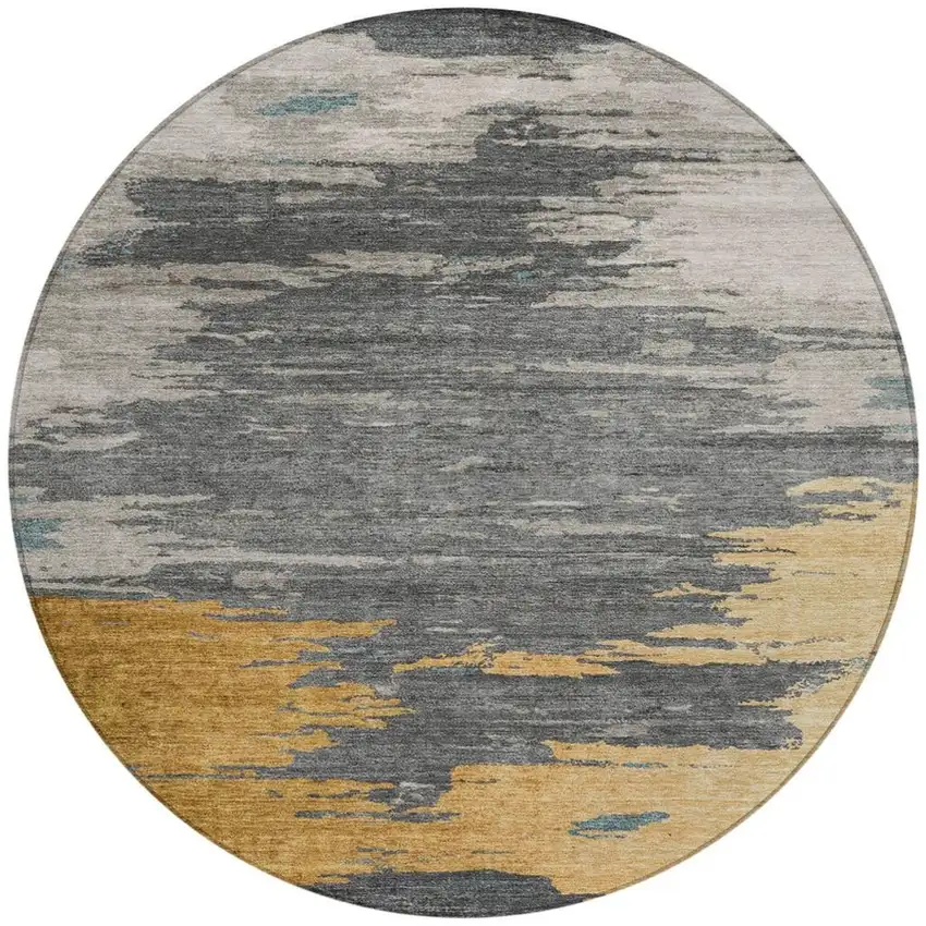 8' Gold And Gray Round Abstract Washable Indoor Outdoor Area Rug Photo 3