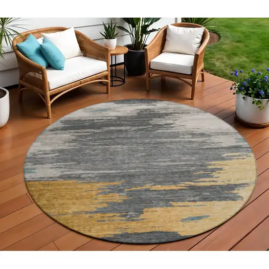 8' Gold And Gray Round Abstract Washable Indoor Outdoor Area Rug Photo 2