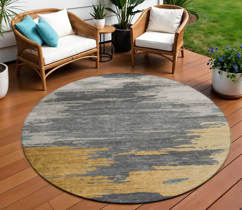 8' Gold And Gray Round Abstract Washable Indoor Outdoor Area Rug Photo 2