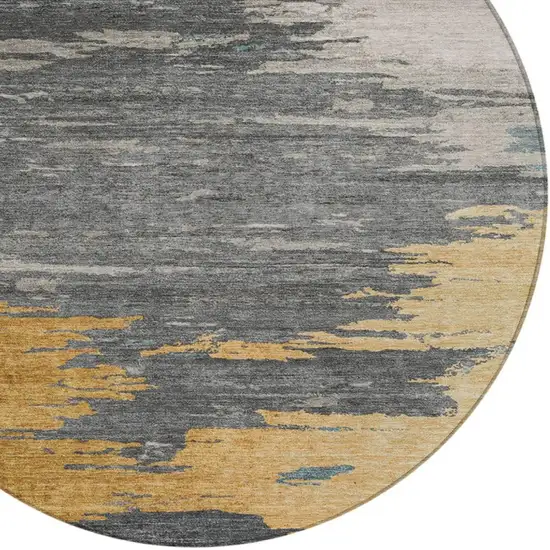 8' Gold And Gray Round Abstract Washable Indoor Outdoor Area Rug Photo 4