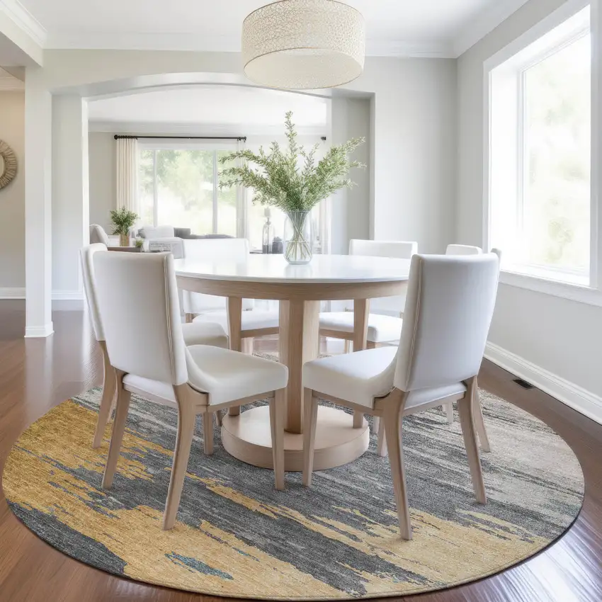 8' Gold And Gray Round Abstract Washable Indoor Outdoor Area Rug Photo 6