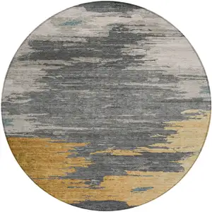 Photo of 8' Gold And Gray Round Abstract Washable Indoor Outdoor Area Rug