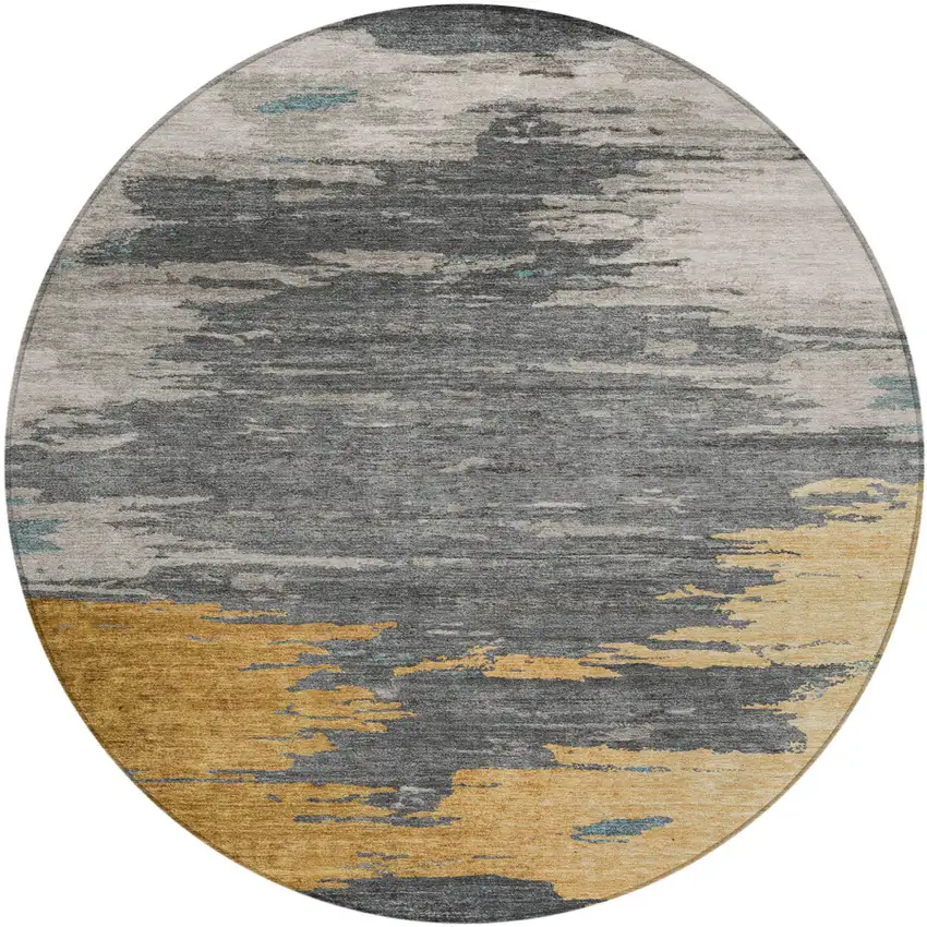 8' Gold And Gray Round Abstract Washable Indoor Outdoor Area Rug Photo 1