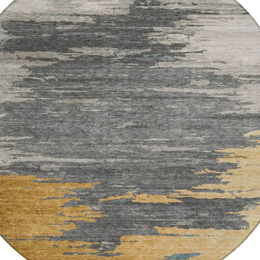 8' Gold And Gray Round Abstract Washable Indoor Outdoor Area Rug Photo 8