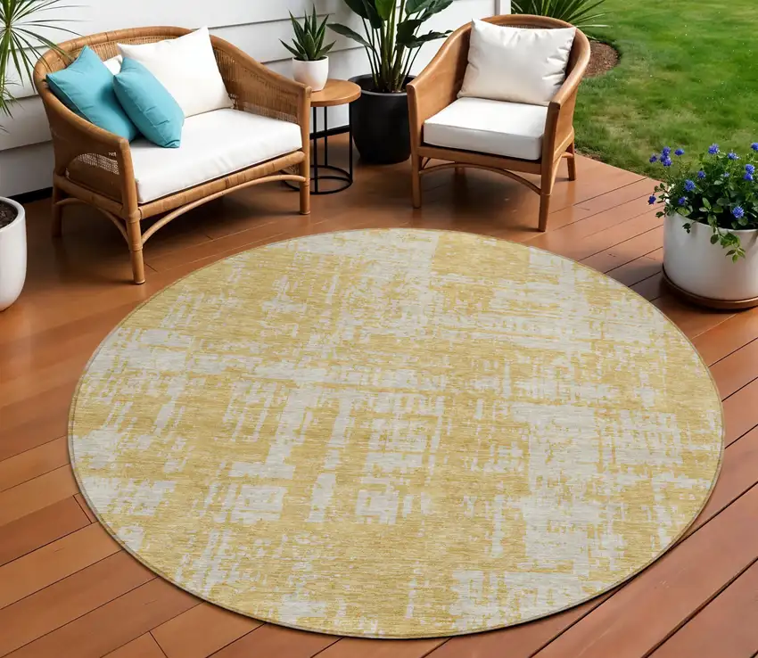 8' Gold And Gray Round Abstract Washable Indoor Outdoor Area Rug Photo 1