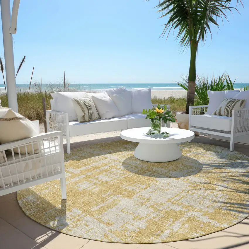 8' Gold And Gray Round Abstract Washable Indoor Outdoor Area Rug Photo 6