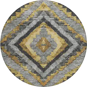 Photo of 8' Gold And Gray Round Aztec Washable Indoor Outdoor Area Rug