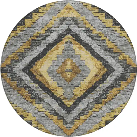 8' Gold And Gray Round Aztec Washable Indoor Outdoor Area Rug Photo 1