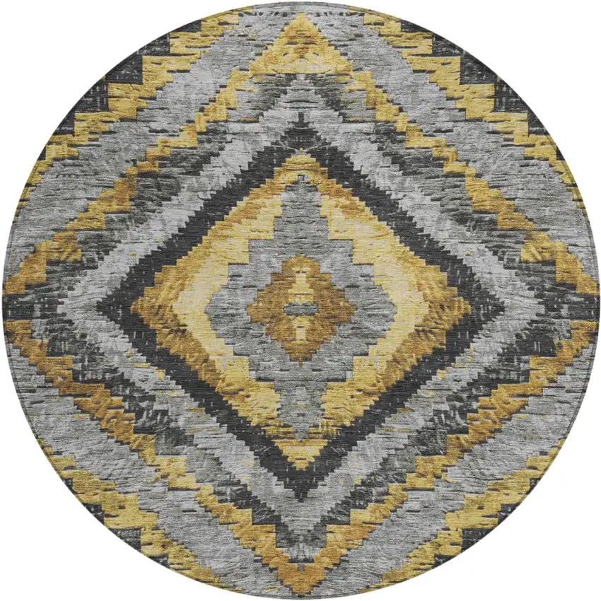 8' Gold And Gray Round Aztec Washable Indoor Outdoor Area Rug Photo 1