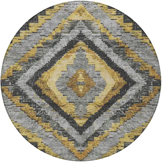 8' Gold And Gray Round Aztec Washable Indoor Outdoor Area Rug Photo 3