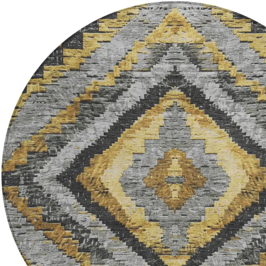 8' Gold And Gray Round Aztec Washable Indoor Outdoor Area Rug Photo 9