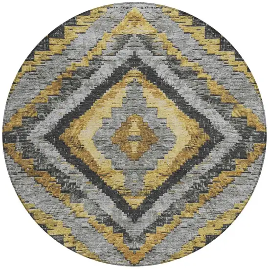 8' Gold And Gray Round Aztec Washable Indoor Outdoor Area Rug Photo 4