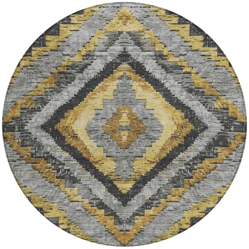 8' Gold And Gray Round Aztec Washable Indoor Outdoor Area Rug Photo 4