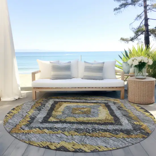 8' Gold And Gray Round Aztec Washable Indoor Outdoor Area Rug Photo 5