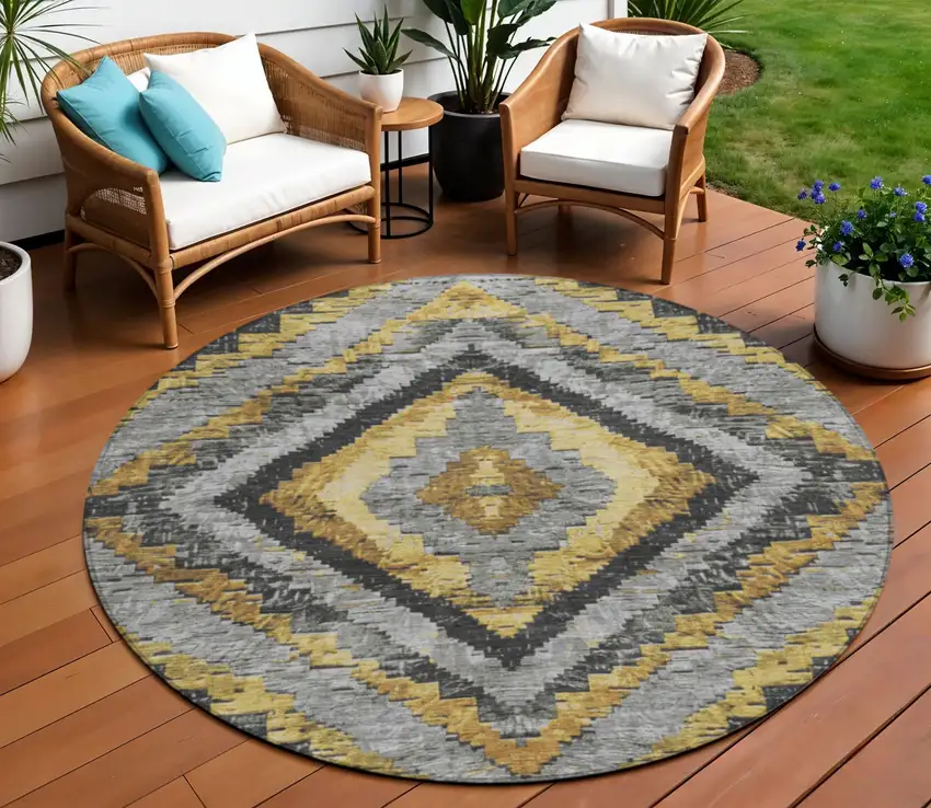 8' Gold And Gray Round Aztec Washable Indoor Outdoor Area Rug Photo 2