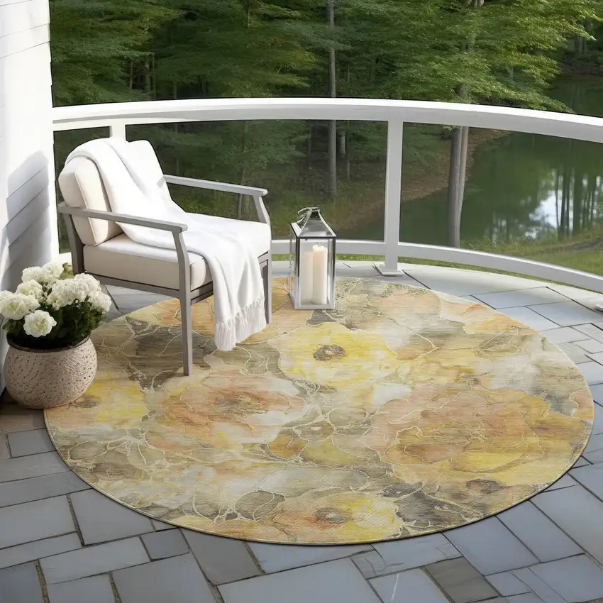 8' Gold And Gray Round Floral Washable Indoor Outdoor Area Rug Photo 5