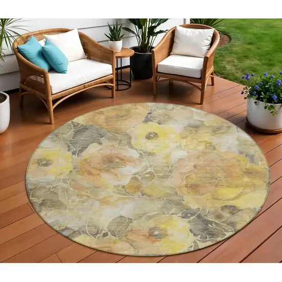 8' Gold And Gray Round Floral Washable Indoor Outdoor Area Rug Photo 2