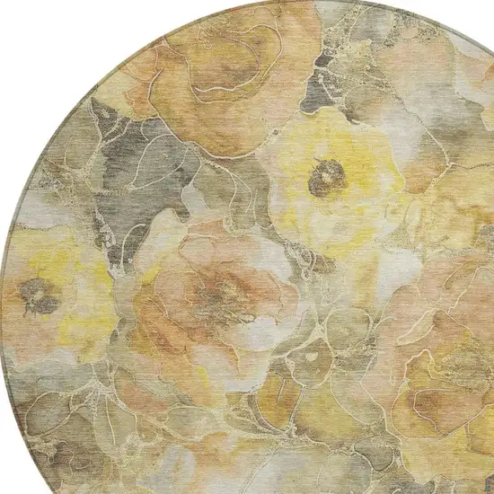 8' Gold And Gray Round Floral Washable Indoor Outdoor Area Rug Photo 4