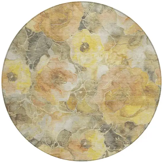 8' Gold And Gray Round Floral Washable Indoor Outdoor Area Rug Photo 3