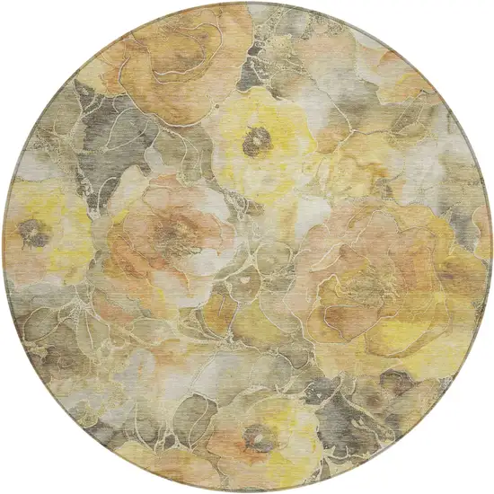 8' Gold And Gray Round Floral Washable Indoor Outdoor Area Rug Photo 1