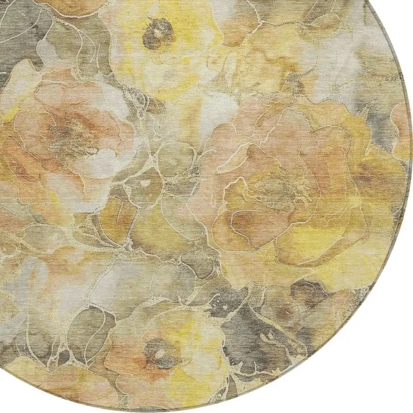 8' Gold And Gray Round Floral Washable Indoor Outdoor Area Rug Photo 8