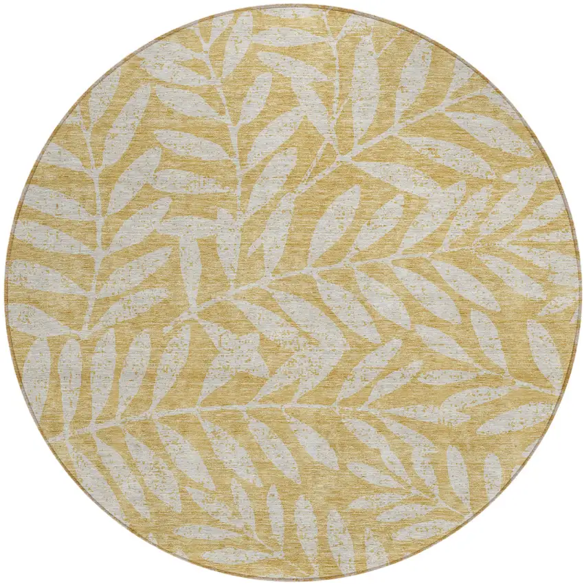 8' Gold And Gray Round Floral Washable Indoor Outdoor Area Rug Photo 2