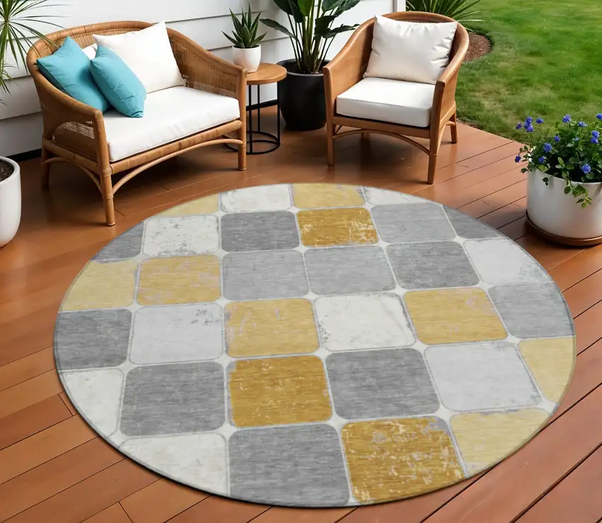 8' Gold And Gray Round Geometric Washable Indoor Outdoor Area Rug Photo 2